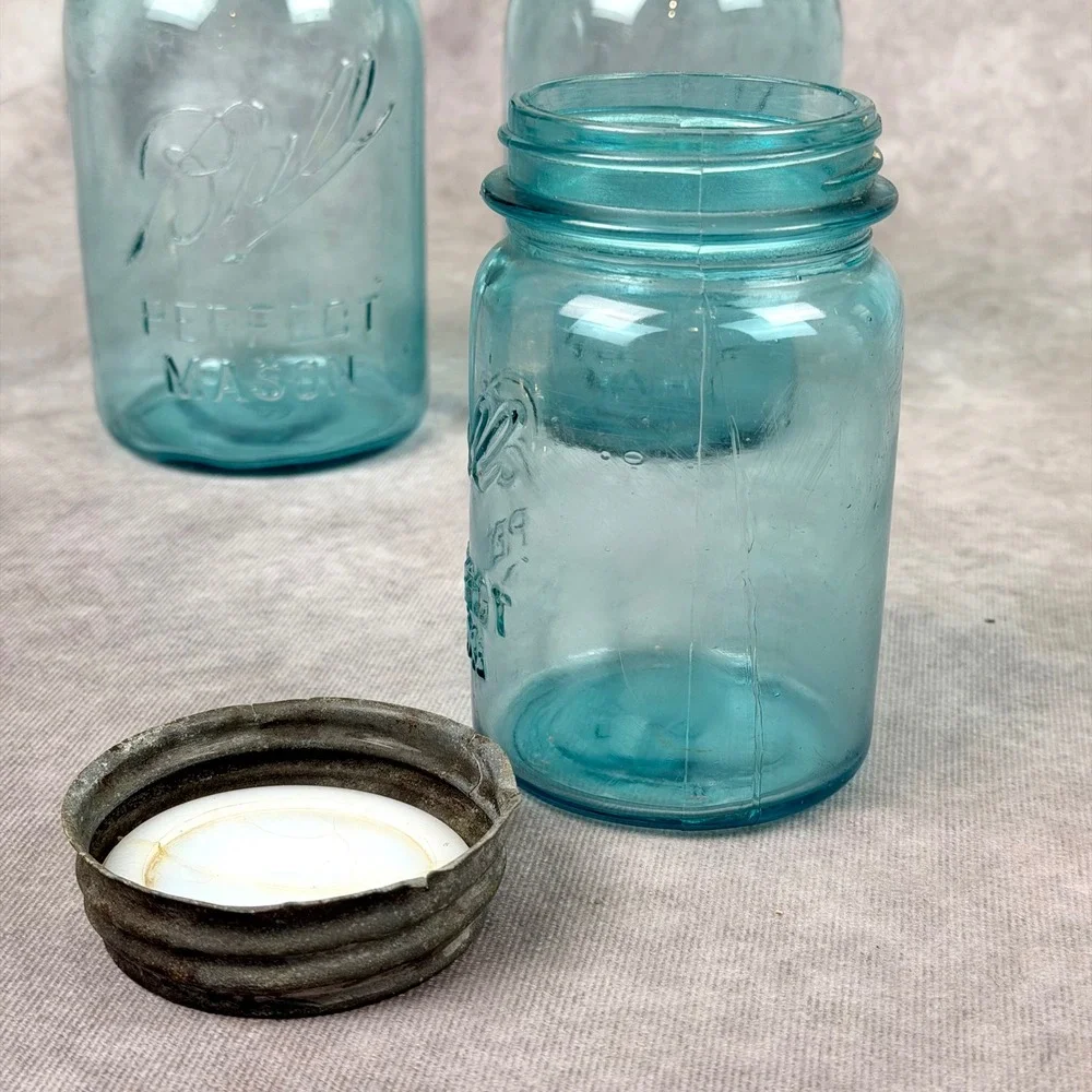 Vintage Ball Perfect Mason Jars Aqua Blue Glass Set of 3 Zinc Lids Antique Decor